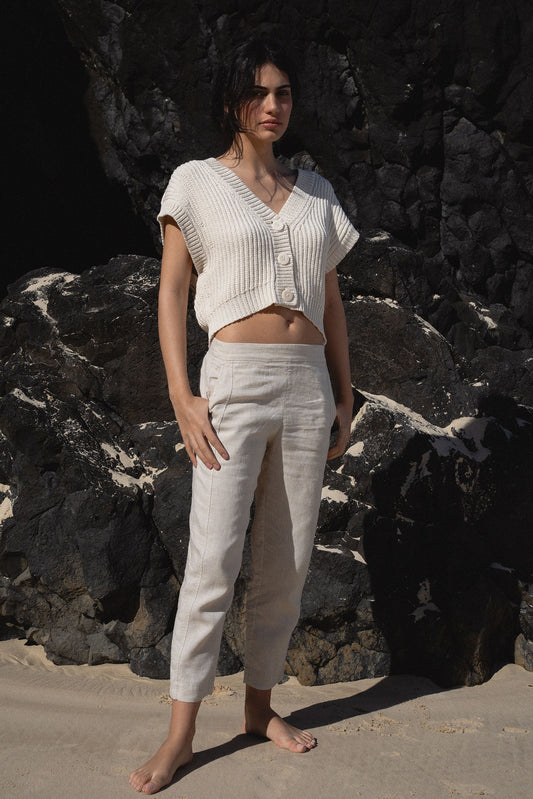 Emer linen pants in Oatmeal with Elara vest by LILLY PILLY