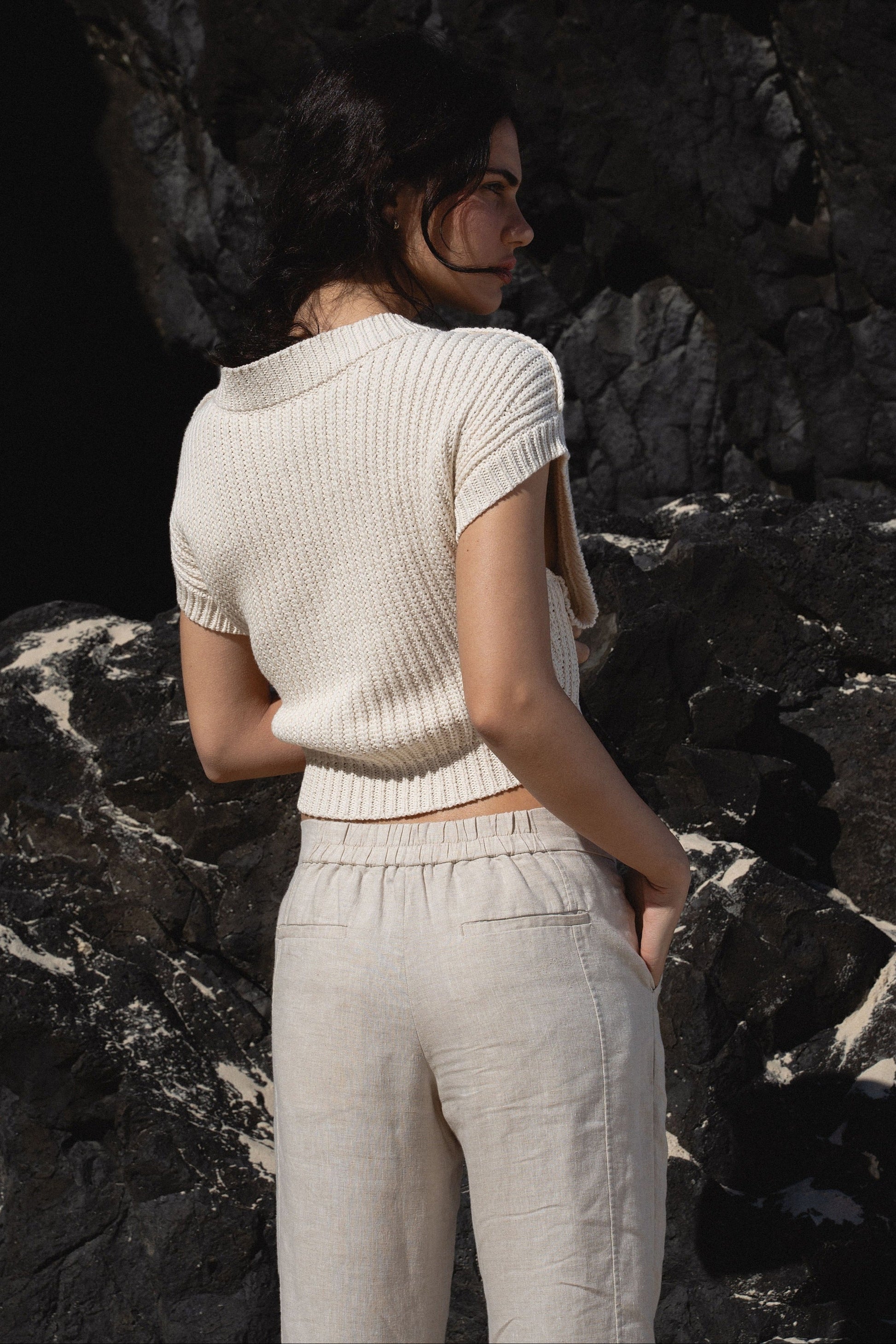 Emer linen pants in Oatmeal with Elara vest by LILLY PILLY - back
