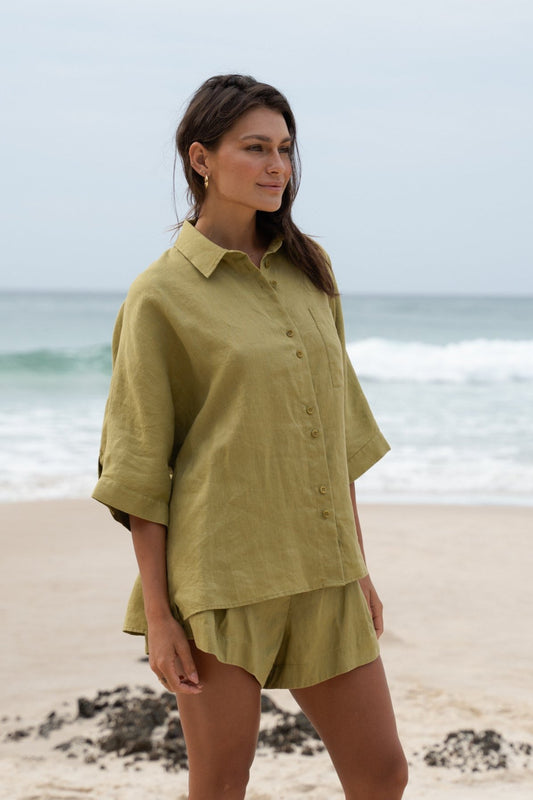 GAIA OLIVE LINEN SHORTS