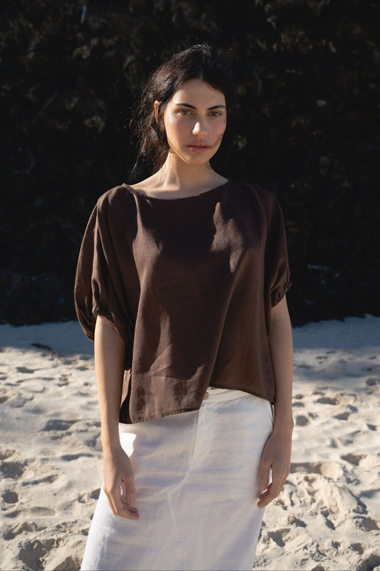 LILLY PILLY Tina linen top in Chocolate brown