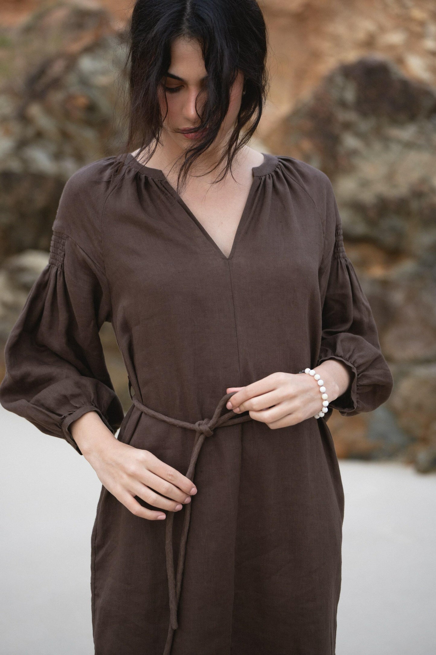 LILLY PILLY Skylar linen dress in Chocolate