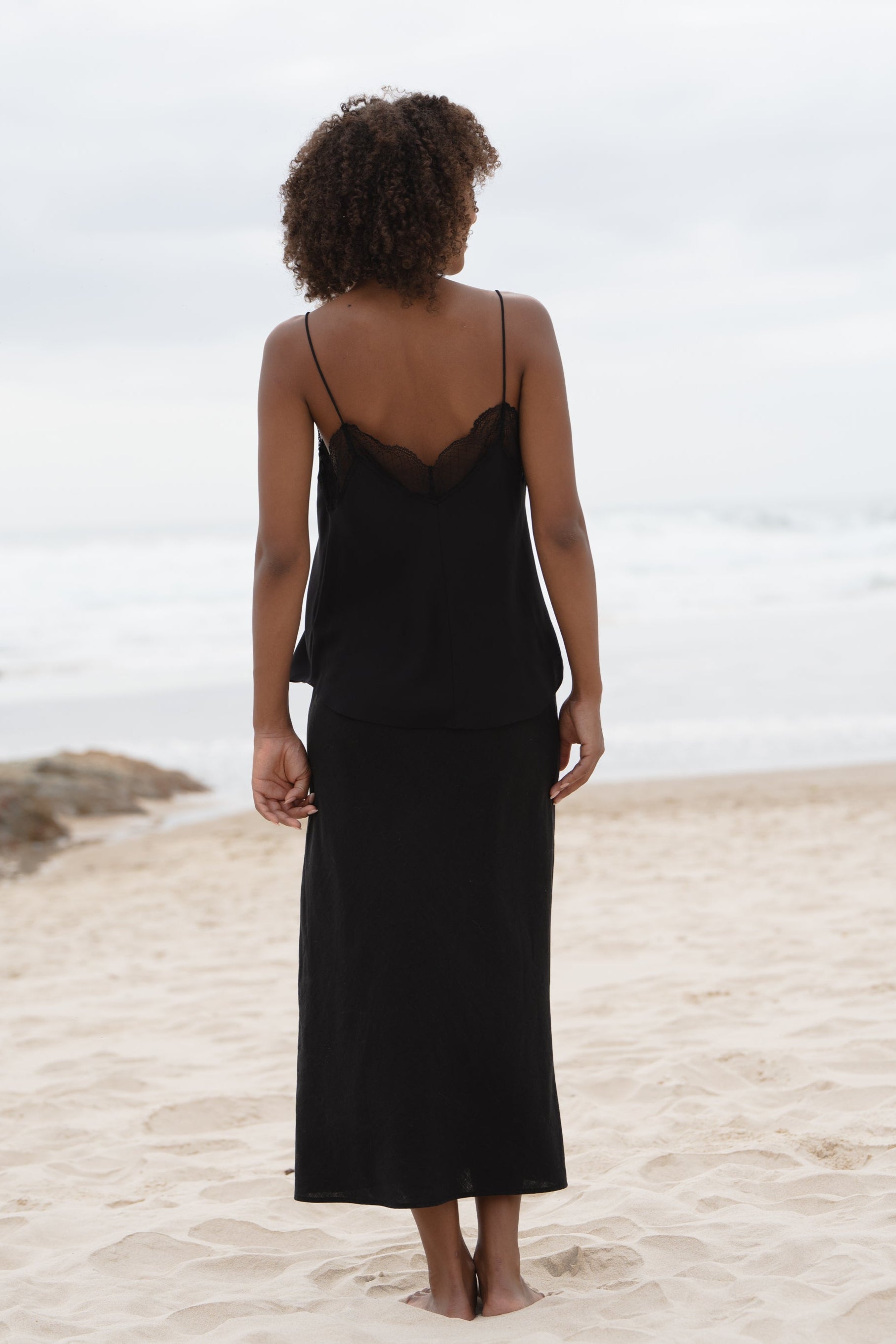 LILLY PILLY Riley linen skirt in Black with Frankie silk cami