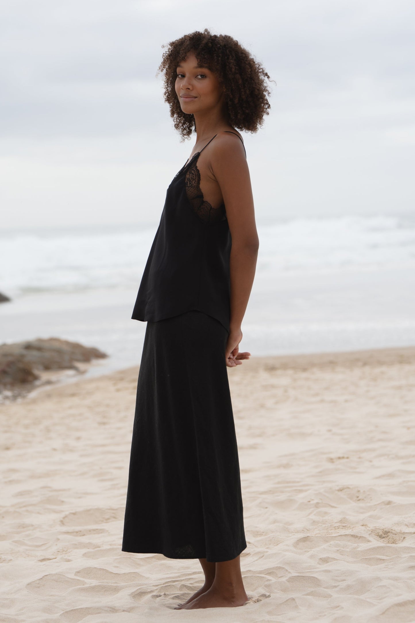 LILLY PILLY Riley linen skirt in Black with Frankie silk cami