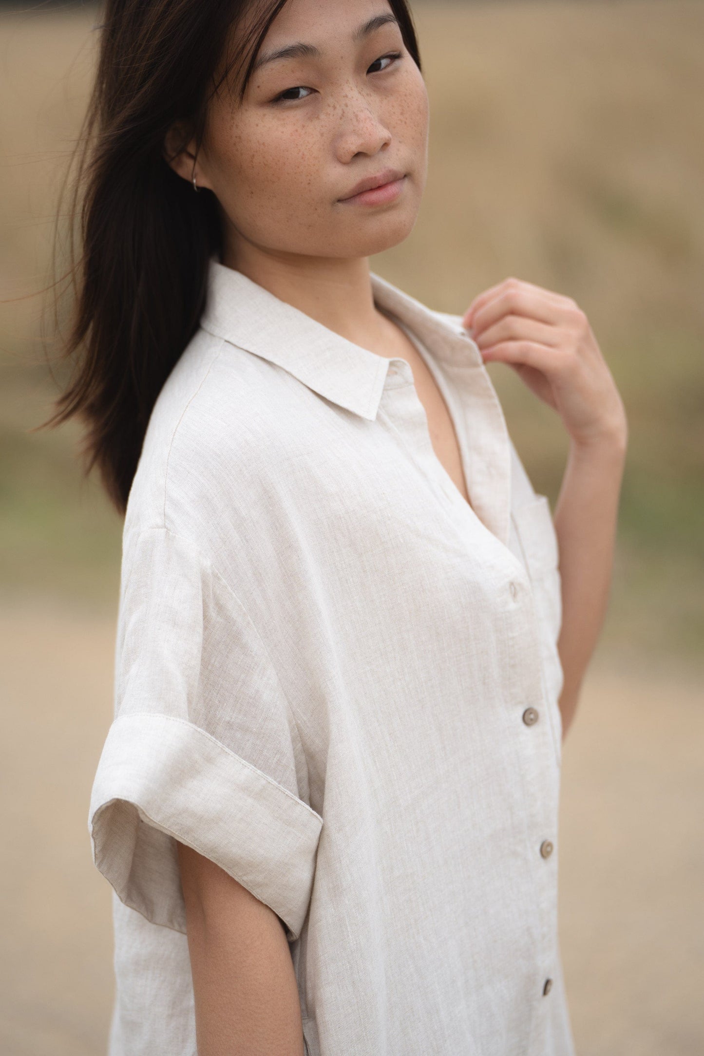 LILLY PILLY Collection Carly shirt made from 100% Organic linen in Oatmeal