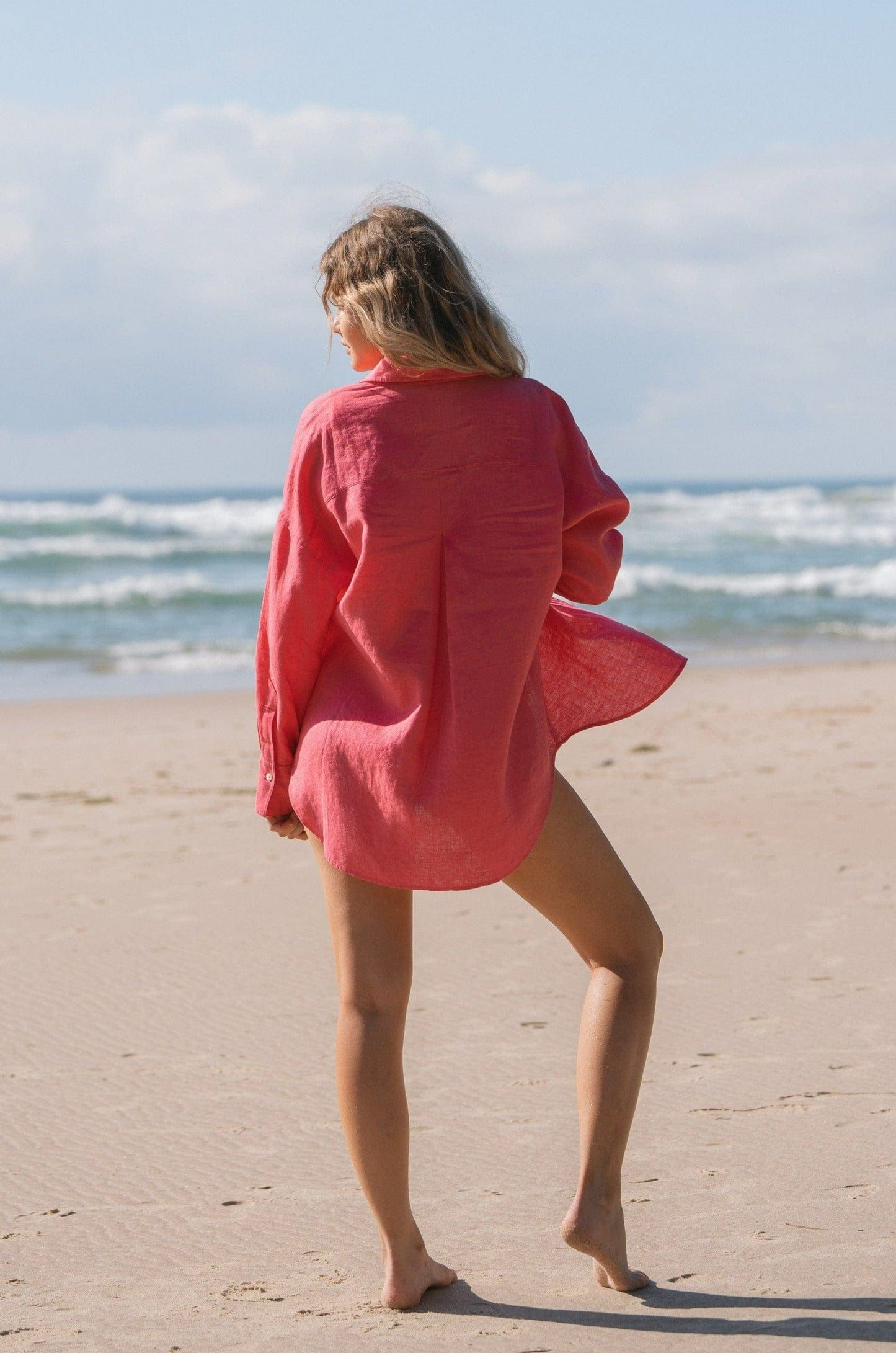 Lilly Pilly Collection Kirra shirt made from 100% Organic linen in Watermelon