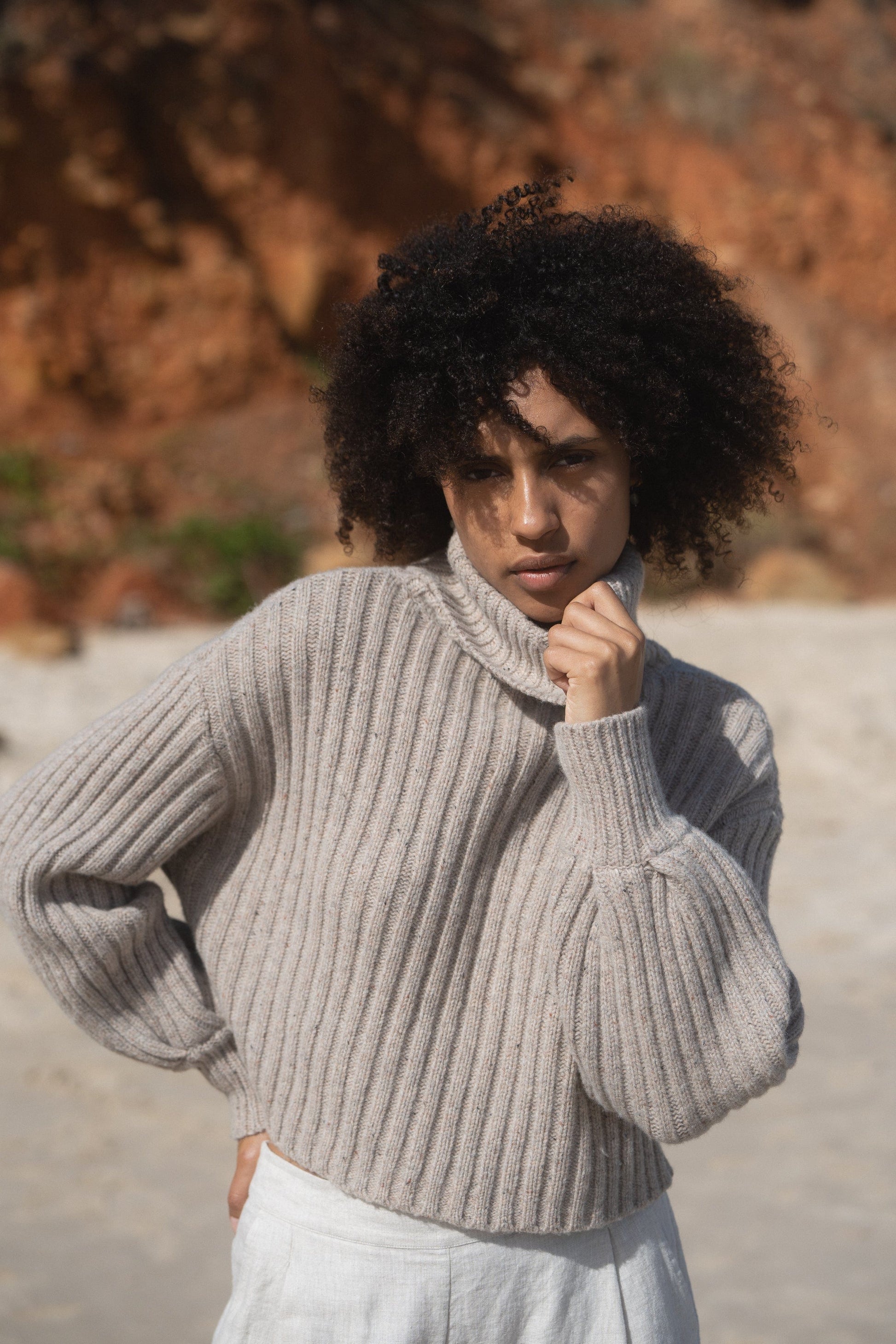 LILLY PILLY Collection Arya Knitwear top made from 100% Merino wool in Oatmeal Speckle